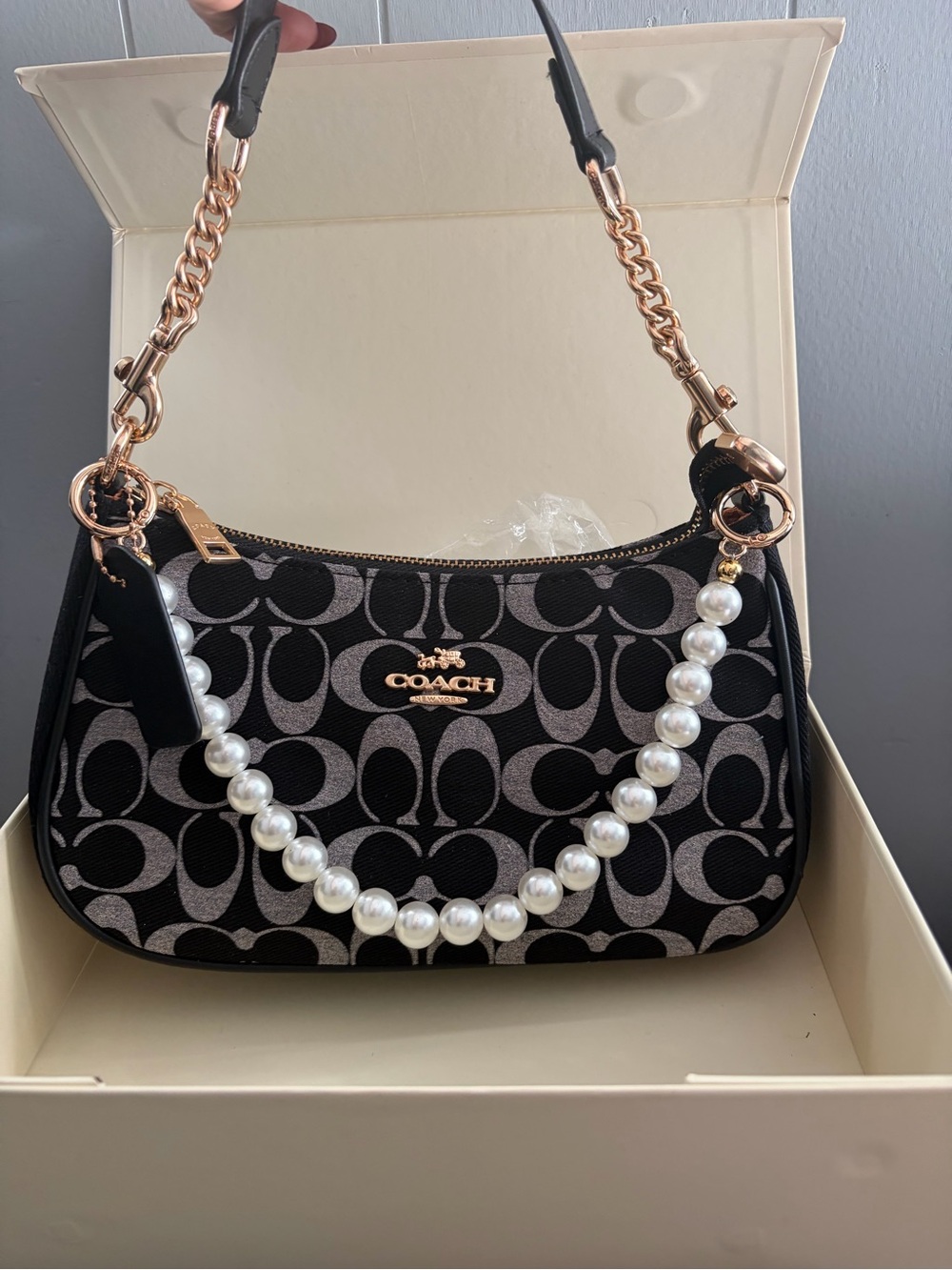 Coach Black & Gray Signature Canvas Shoulder Bag with Pearl Accent